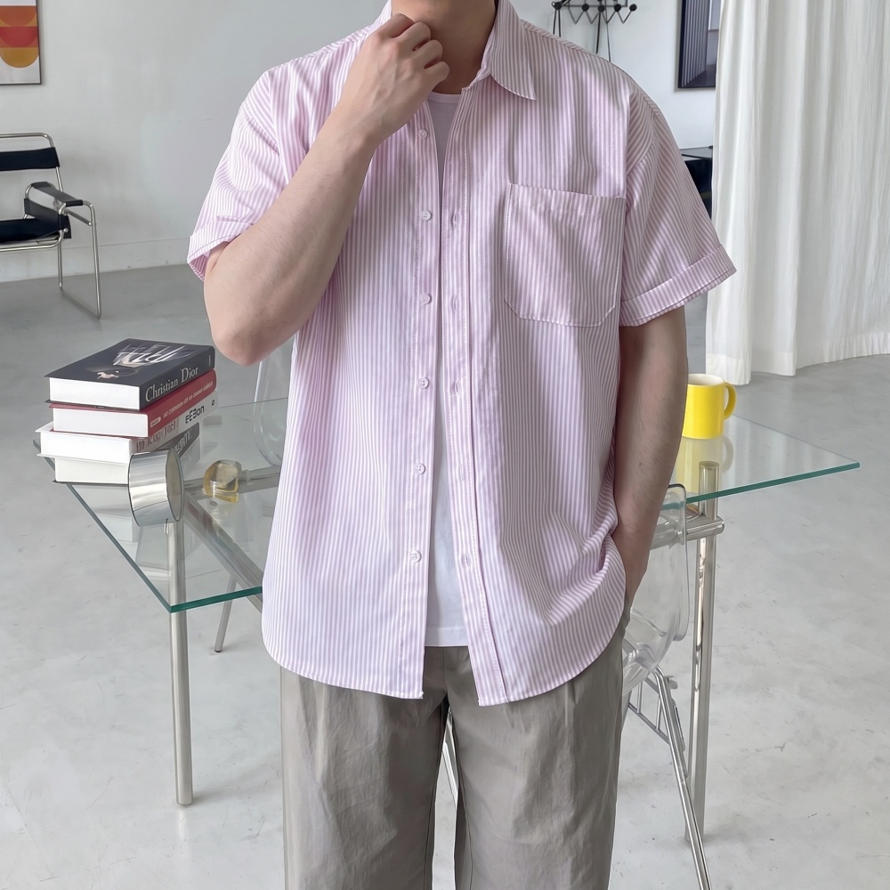 여름 오버핏 남자 스트라이프 옥스포드반팔셔츠 옥스퍼드 캐주얼남방 - 상세 이미지 2
