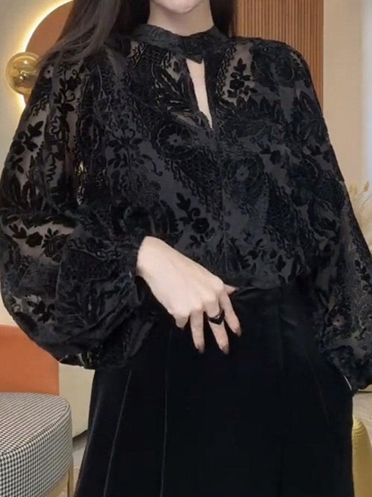 펀칭 자수 레이스 메쉬 캐주얼 루즈핏 빅사이즈 트렌디 블라우스 시스루 긴팔 - 상세 이미지 3