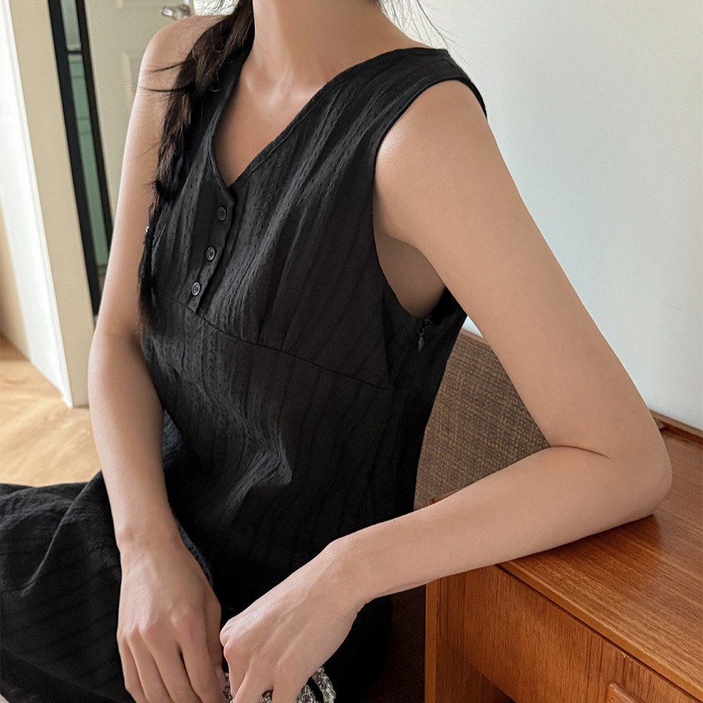 버튼 브이넥 A라인 민소매 레이스 미니 원피스 이미지 7