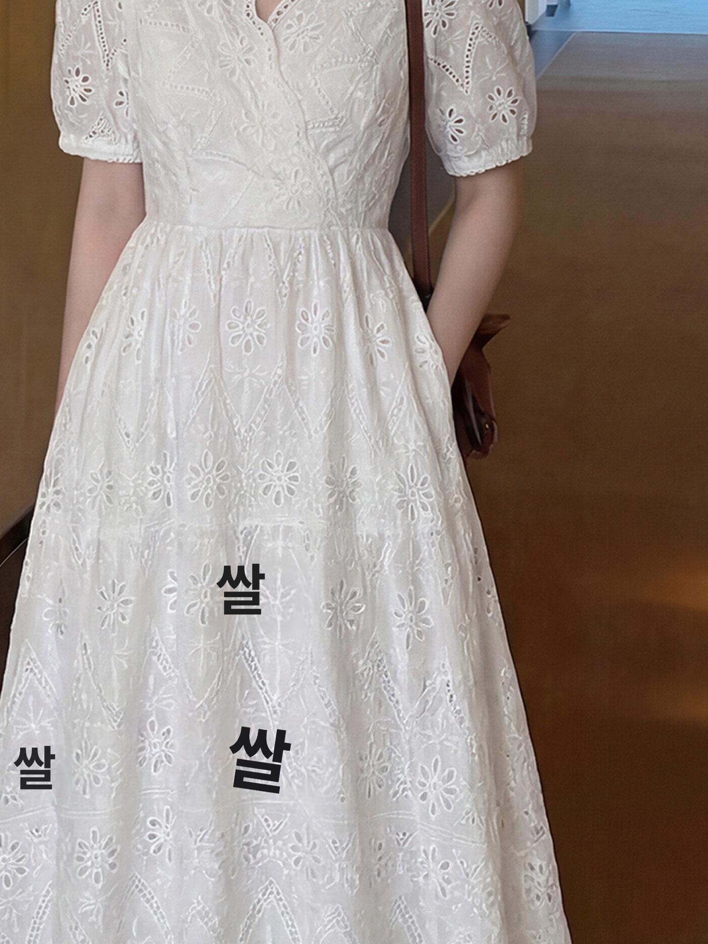 퍼프 트렌디한 레이스 코디 원피스 흰색 화이트 휴양지 여름 하객 아이템 프렌치 스마트한 - 상세 이미지 5