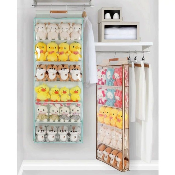 깔끔한 문뒤 수납함 전시 키링 인형 문고리 포켓 5칸 60 x 11x125cm 나무 옷걸이+문걸이 포함 - 상품 이미지