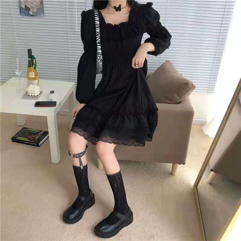 프릴 블랙 셔링 빅사이즈 편한 자수 퍼프 긴팔 드레스 큐트 레이스 심플 미니 캉캉 원피스 - 상세 이미지 4