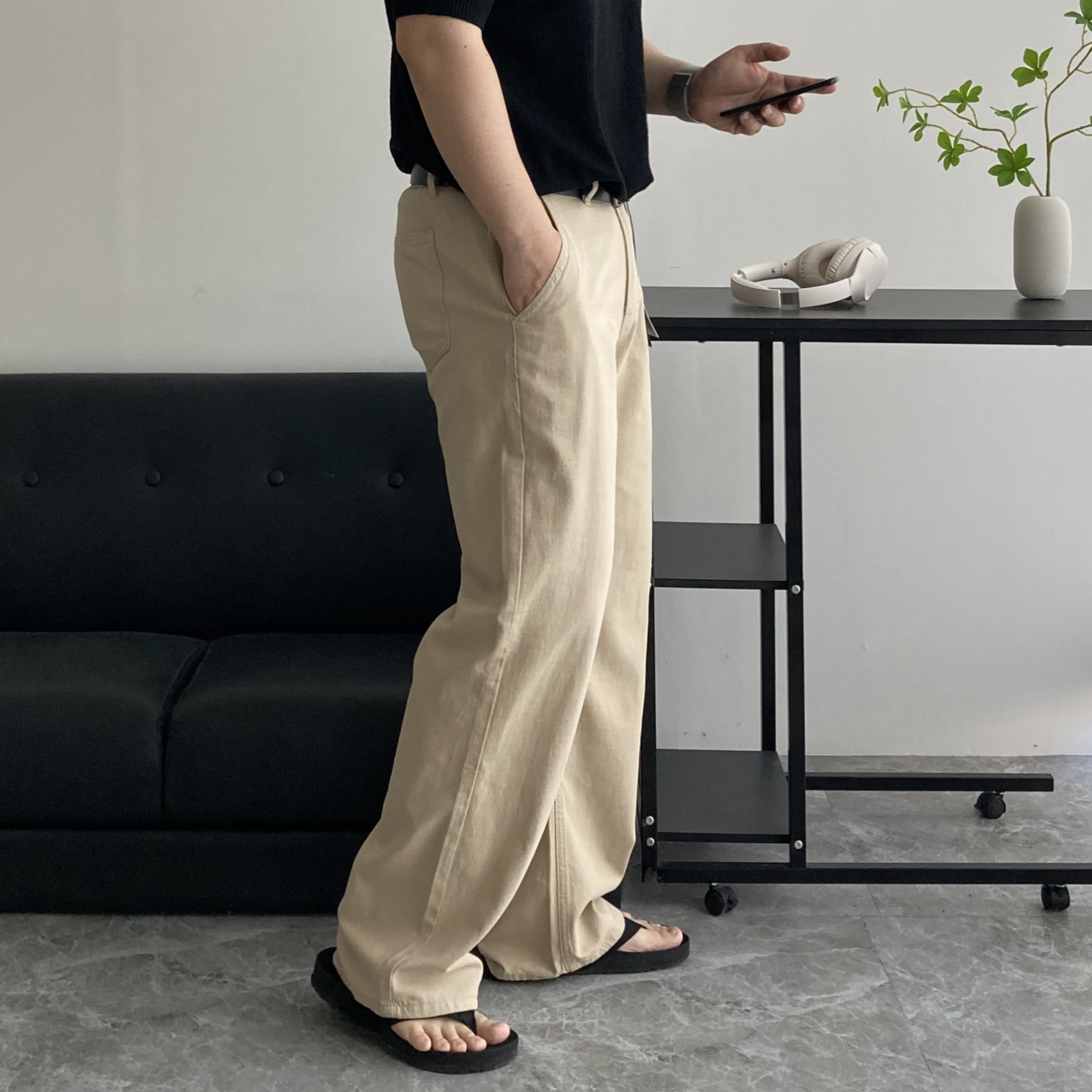 남자린넨바지 하일 사방슬랍 와이드면바지 쿨링 밴딩 와이드팬츠 S-3XL - 상세 이미지 4