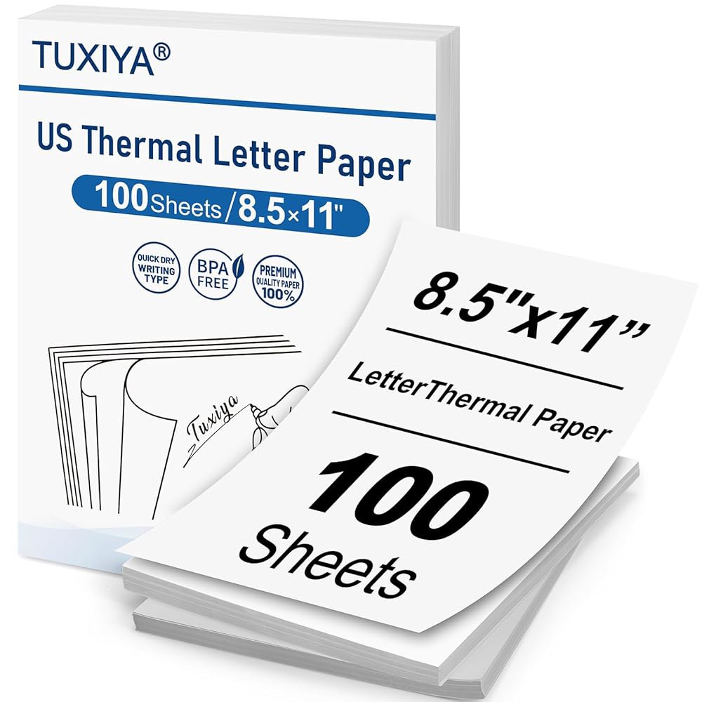 TUXIYA 100매 열전사 프린터 용지 8.5 x 11인치, BPA 프리 고급 열전사, 미국 글자 크기 호환 대부분의 휴대용 300 Sheets - 상품 이미지