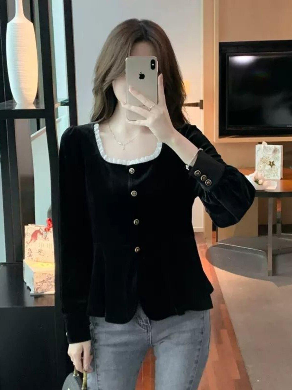 여성복 방형 칼라 여성 빅사이즈 레이스 벨벳 금사 트렌드 스타일 블라우스 소프트 긴팔 셔츠 - 상세 이미지 3