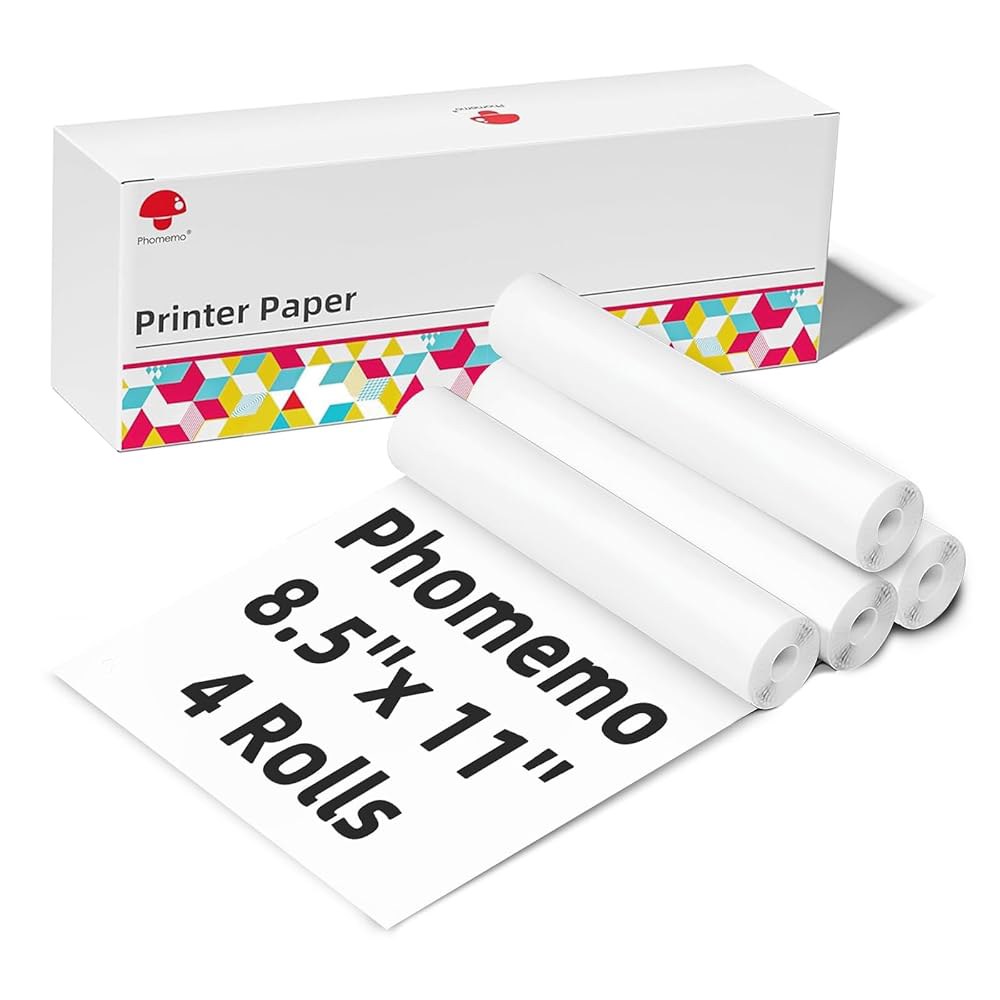 Phomemo M832 열 롤 용지 8.5인치 x 11인치, 4롤 퀵 드라이 미국 레터 프린터 용지, M832D M834 M835 A285M A282M 휴대용 프린터와 호환됨 - 상품 이미지
