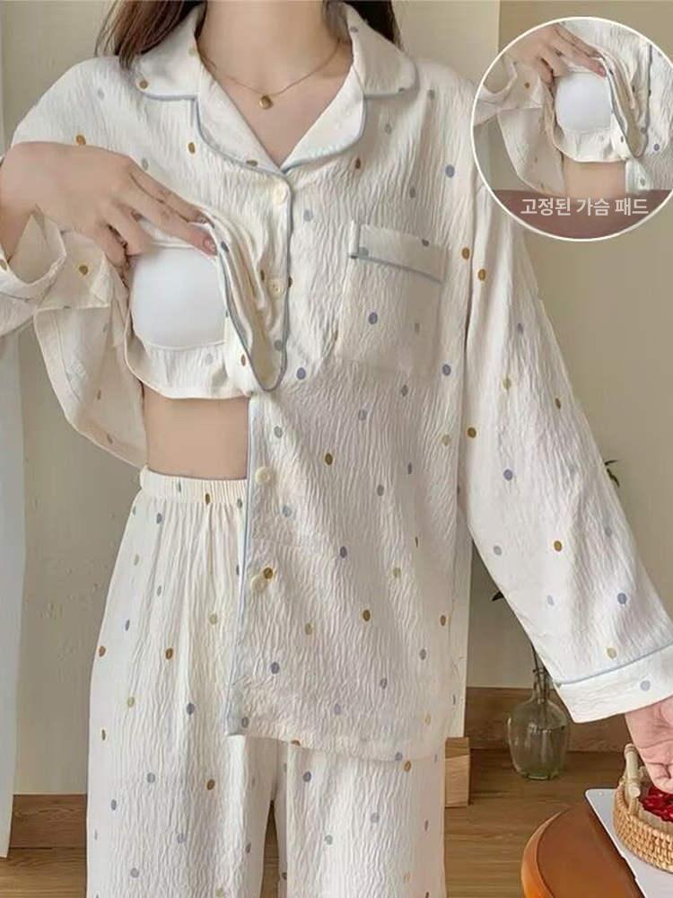 홈웨어 노브라 빅사이즈 편안함 루즈핏 캡내장잠옷 가슴패드잠옷 긴팔 - 상품 이미지