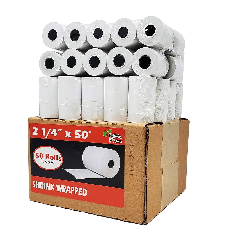 (50롤) 2 1/4 x 50 열지 영수증 롤 55 GSM 프리미엄 품질 독일 종이는 모든 신용카드 단말기에 적합합니다. VX520 Ingenico ICT220 ICT250 FD4 - 상품 이미지