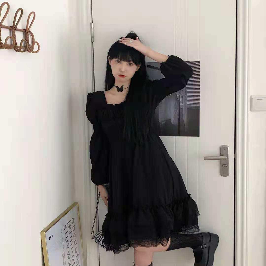 프릴 블랙 셔링 빅사이즈 편한 자수 퍼프 긴팔 드레스 큐트 레이스 심플 미니 캉캉 원피스 - 상세 이미지 2