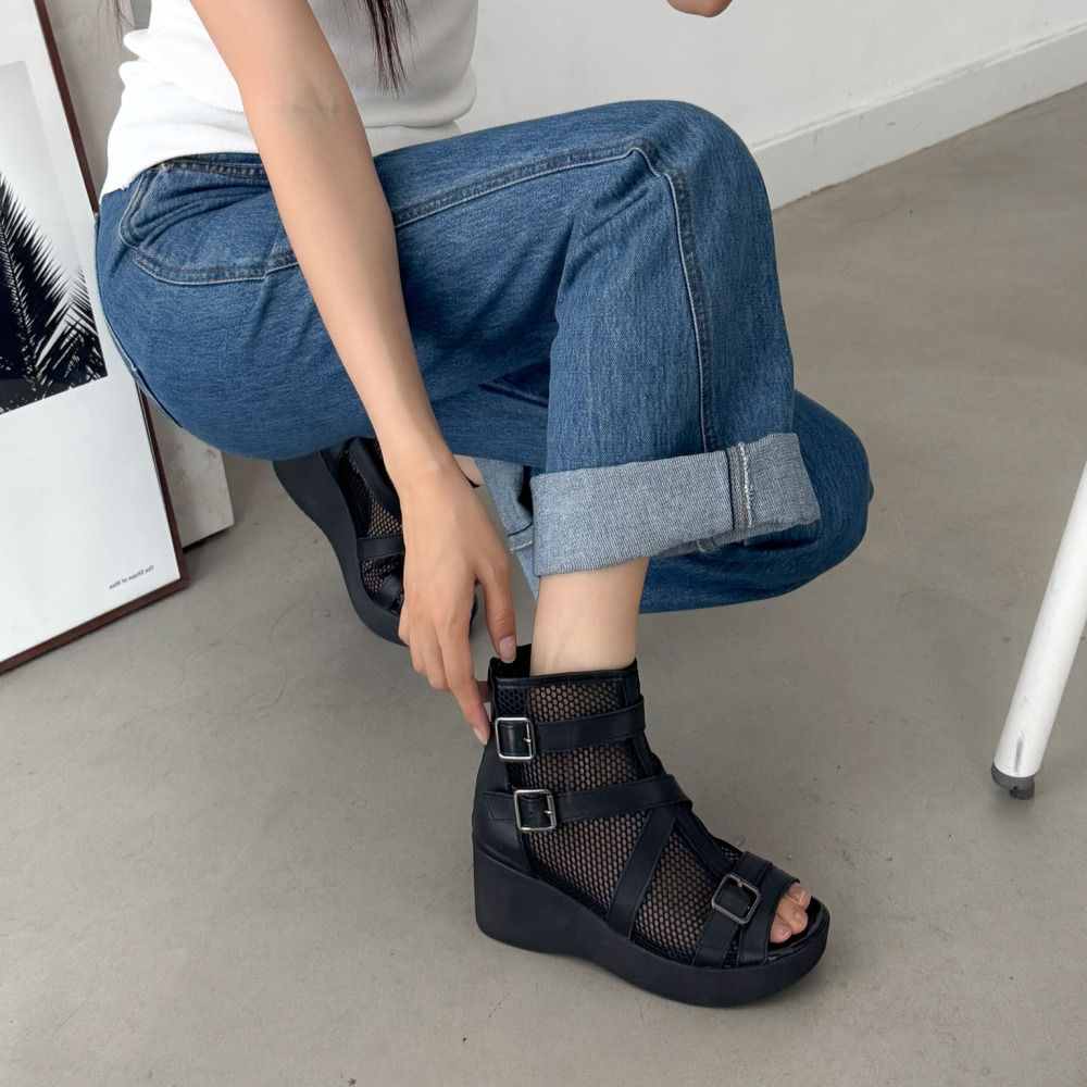 여성 키높이 메쉬 샌들부츠 통굽 여름 워커 여름 부츠 7cm 이미지 6