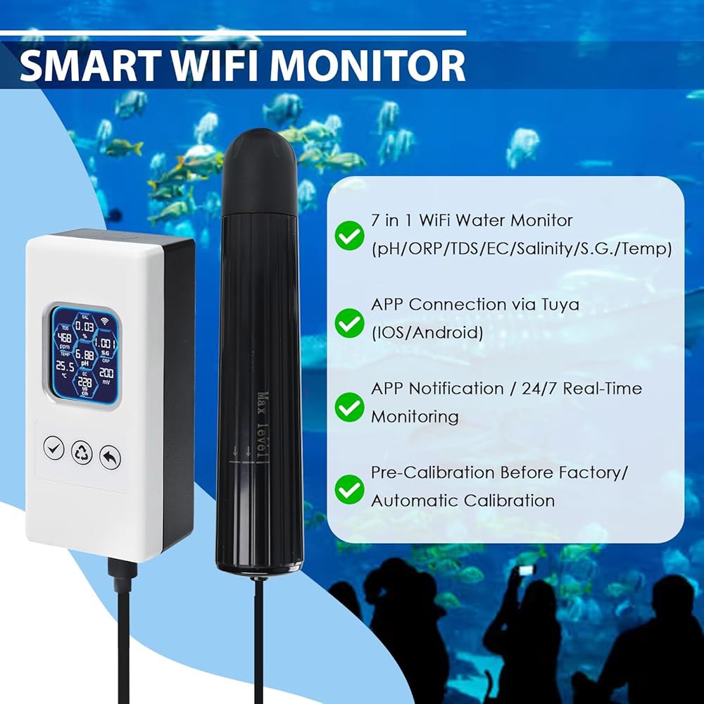 스마트 수질 검사기 무선 WiFi 다중 매개변수 측정기(pH / ORP TDS EC 염도 SG Temp 모니터링, 수족관, 염수 나노 어항용 앱 연결을 통한 실시간 알림 제공) - 상세 이미지 2
