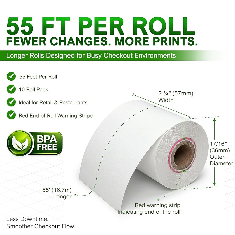 Vonest Clover Flex 종이 롤 2 1/4 x 55 u2019 열 수신 u2013 50 팩 - BPA 무료 POS 프린터 및 신용카드 기계 호환 C400 C401 C40 - 상세 이미지 3