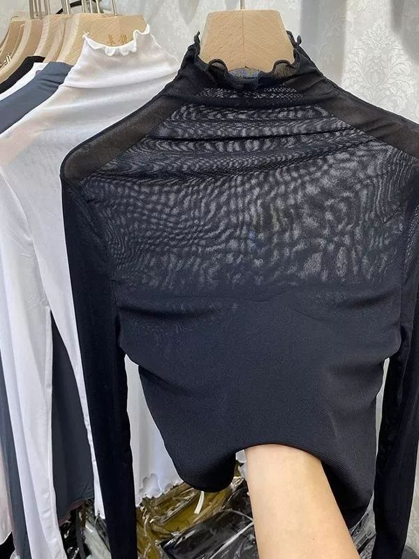 긴팔 터틀넥 목폴라 빅사이즈 폴라티 레이스 시스루 망사 가을 이너 여성 티셔츠 - 상세 이미지 3