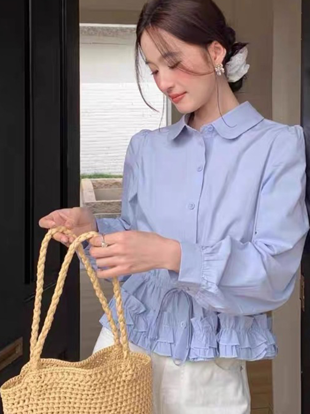 레이스 밑단 허리끈 빅사이즈 카라 꽃잎 라운드 펑퍼짐 프릴 우아한 셔츠 블라우스 긴팔 - 상품 이미지