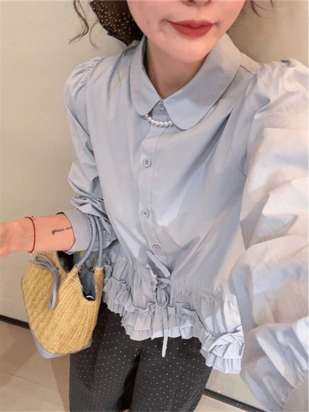 레이스 밑단 허리끈 빅사이즈 카라 꽃잎 라운드 펑퍼짐 프릴 우아한 셔츠 블라우스 긴팔 - 상세 이미지 2