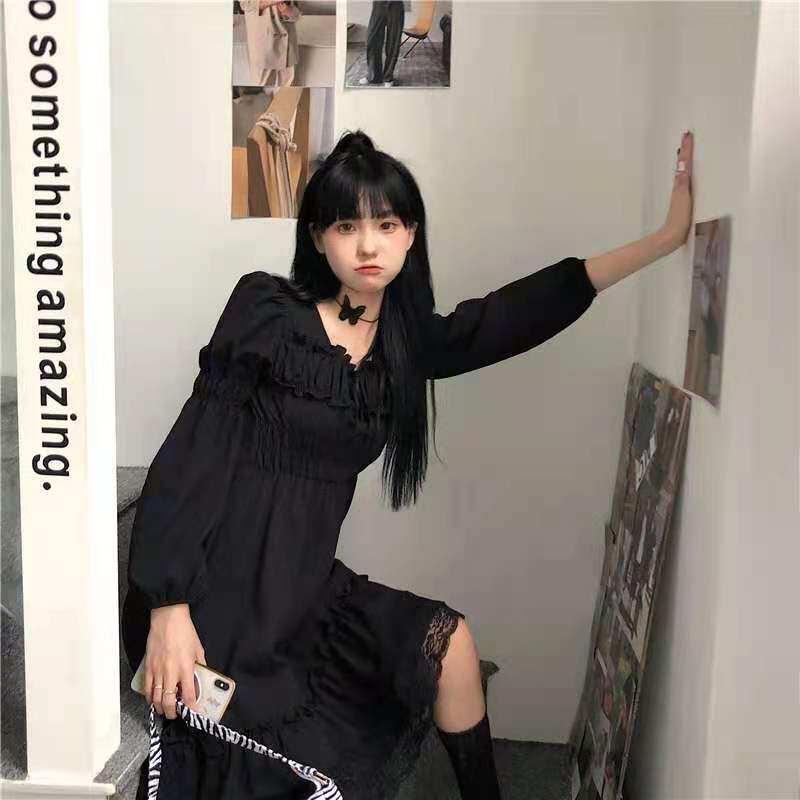 프릴 블랙 셔링 빅사이즈 편한 자수 퍼프 긴팔 드레스 큐트 레이스 심플 미니 캉캉 원피스 - 상세 이미지 3