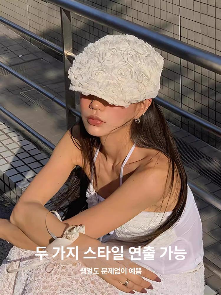 복고풍 앞모자 장미꽃 빅사이즈 화가 베레모 유니크한 디자인 여름 의류 트렌디 모자 - 상세 이미지 5