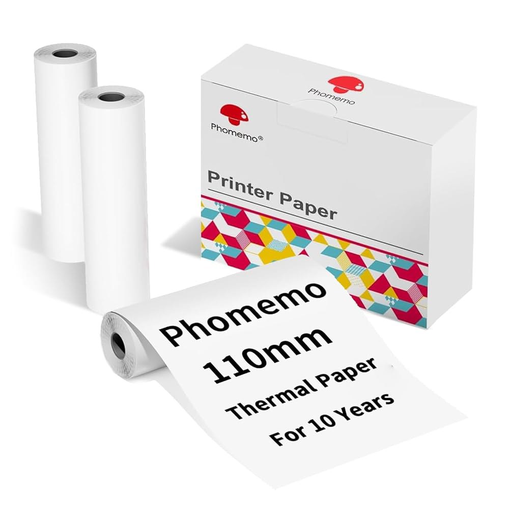 Phomemo 110mm 열 프린터 용지 3롤, M832 M834 M835 M04S M04AS 휴대용 라벨 프린터, 사진/학습 노트 /작업 목록용 흰색 롤, 4.33인치 x 255 - 상품 이미지
