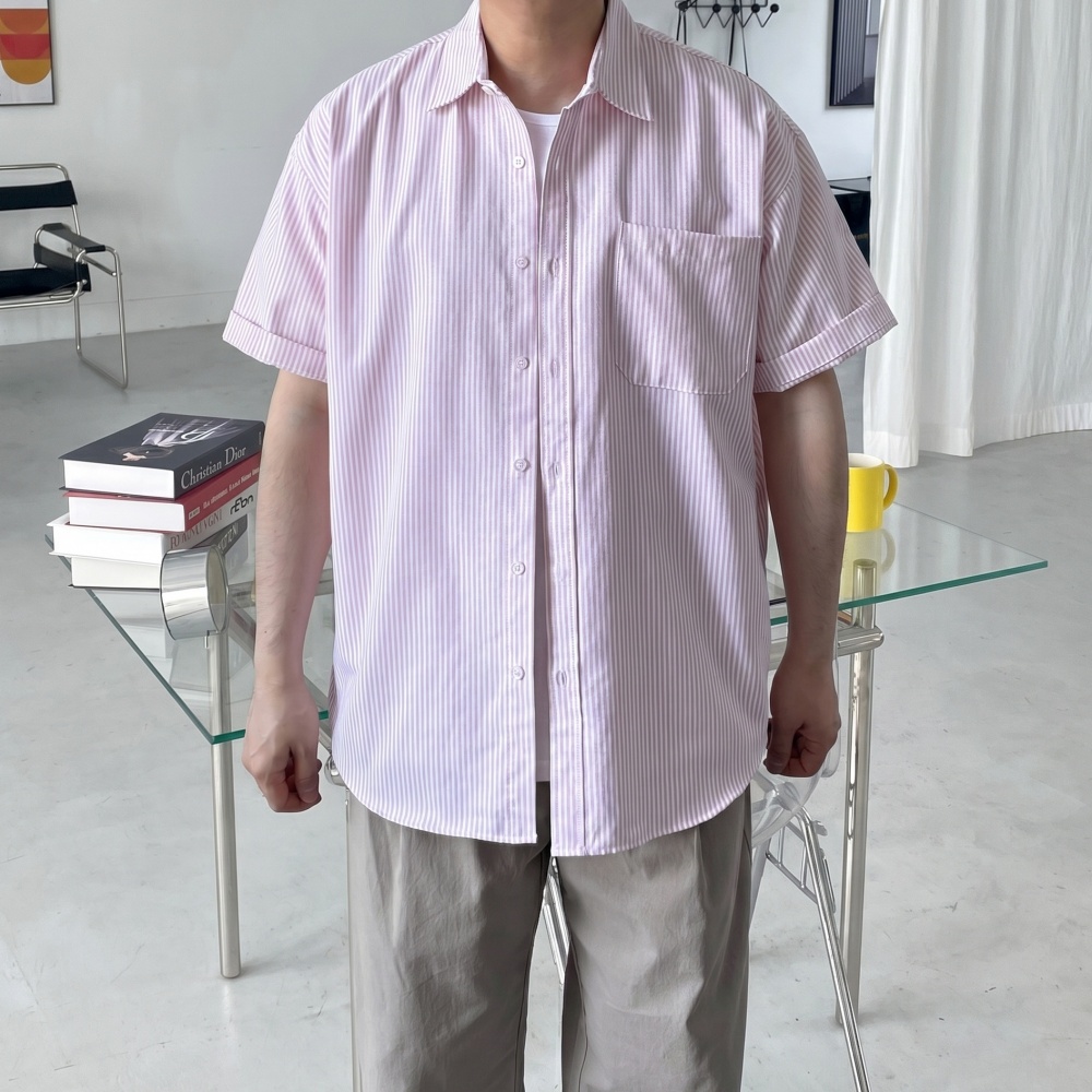 여름 오버핏 남자 스트라이프 옥스포드반팔셔츠 옥스퍼드 캐주얼남방 - 상세 이미지 3