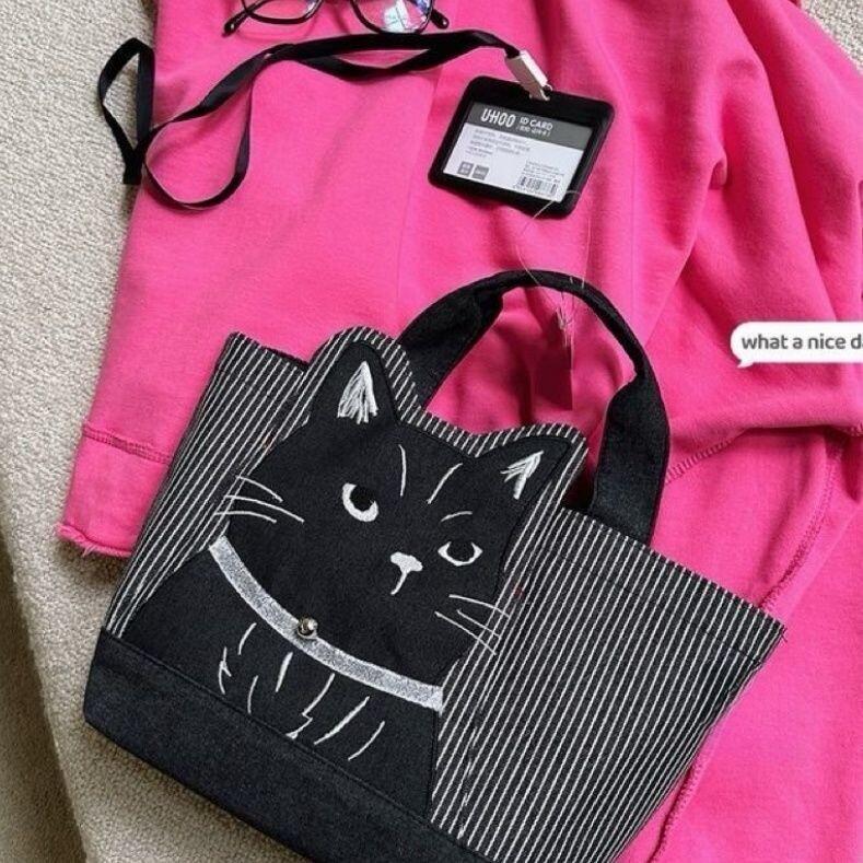 3D 검은 고양이 자수 핸드백 토트백 미니 가방 여성 쇼핑 패브릭백 에코백 마실용 스트라이프 블랙캣 - 상세 이미지 5