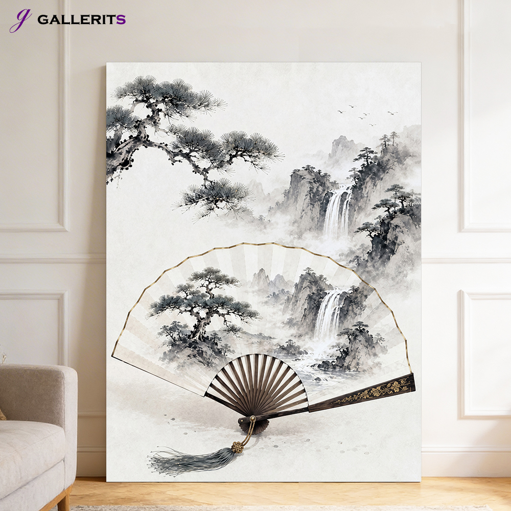 폭포 소나무 부채 그림 돈들어오는 거실 인테리어 물그림 액자 개업선물 중형 - 상품 이미지