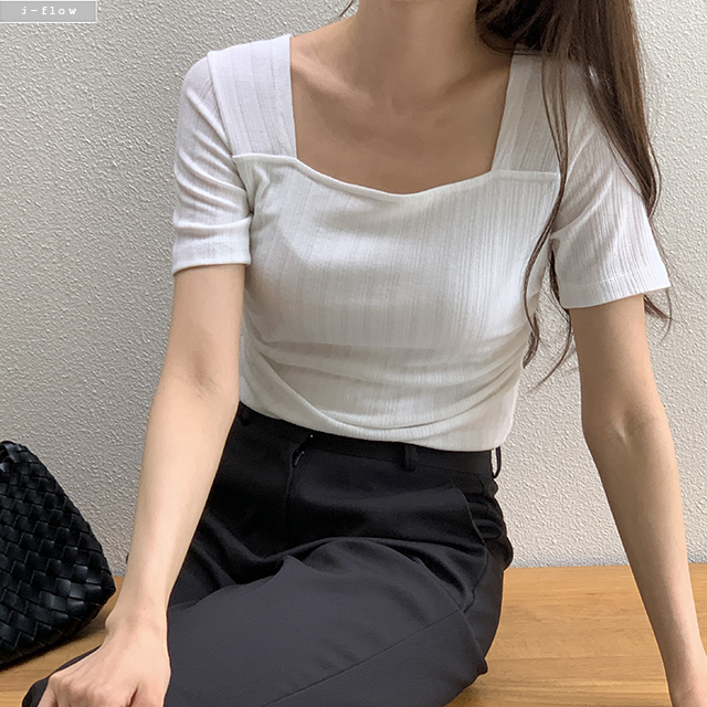 알렛 스퀘어넥 골지 슬림 반팔 티셔츠 4col 여름 봄 셔링 주름 이너 쫀쫀 제이플로우 - 상세 이미지 2