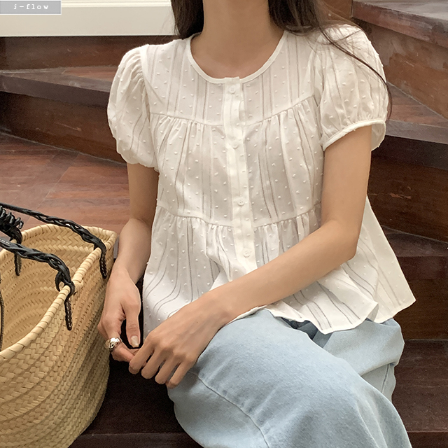포이스 라운드 셔링 도트 블라우스 3col 여름 봄 반팔 퍼프 자수 크롭 제이플로우 - 상세 이미지 2