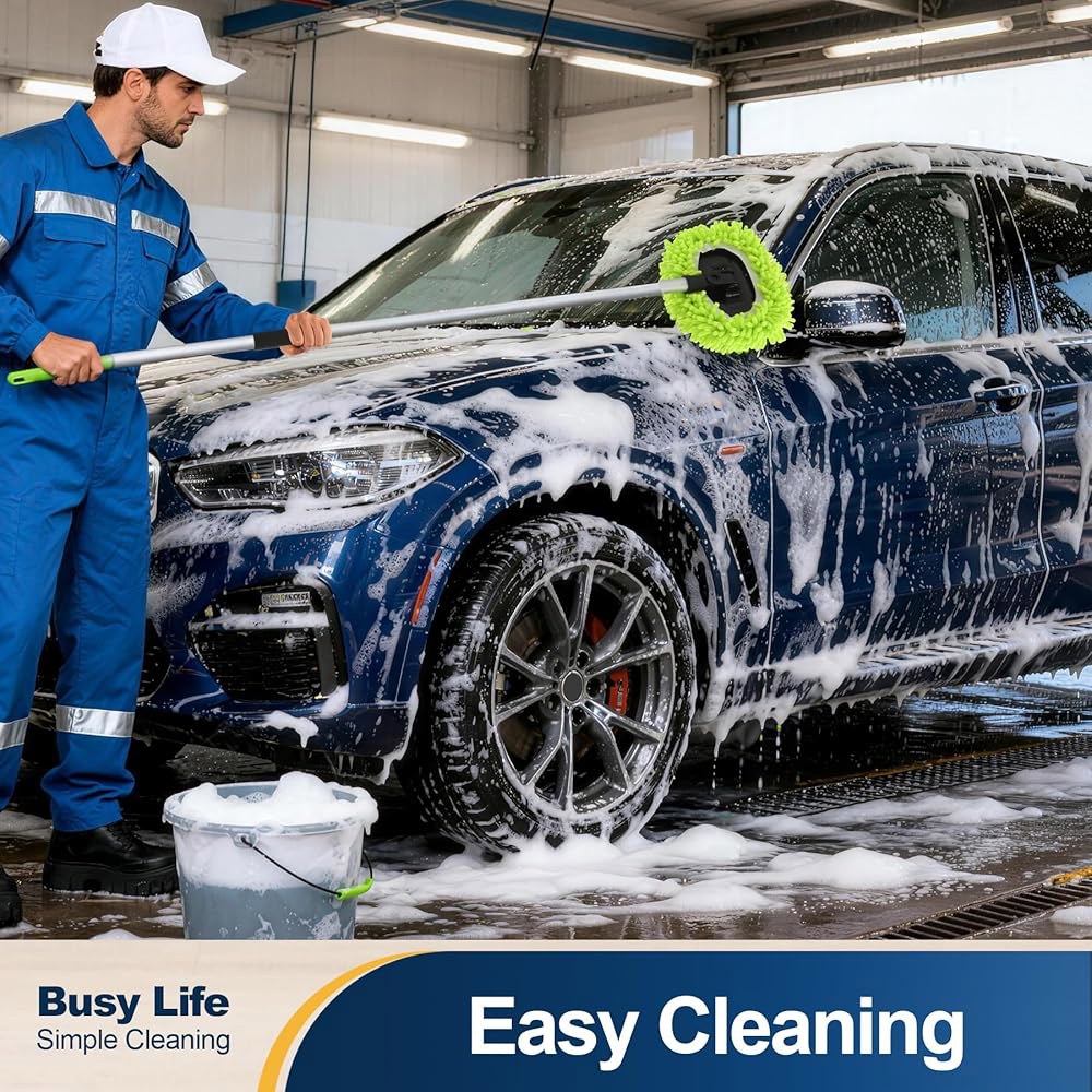 Yocada 세차 브러시 키트 Chenille Microfiber 걸레 장갑, 긴 손잡이 스크래치 없는 차량 청소 케어 트럭 RV SUV 보트 앞유리 창, 교체 헤드 60개 포함 - 상세 이미지 2