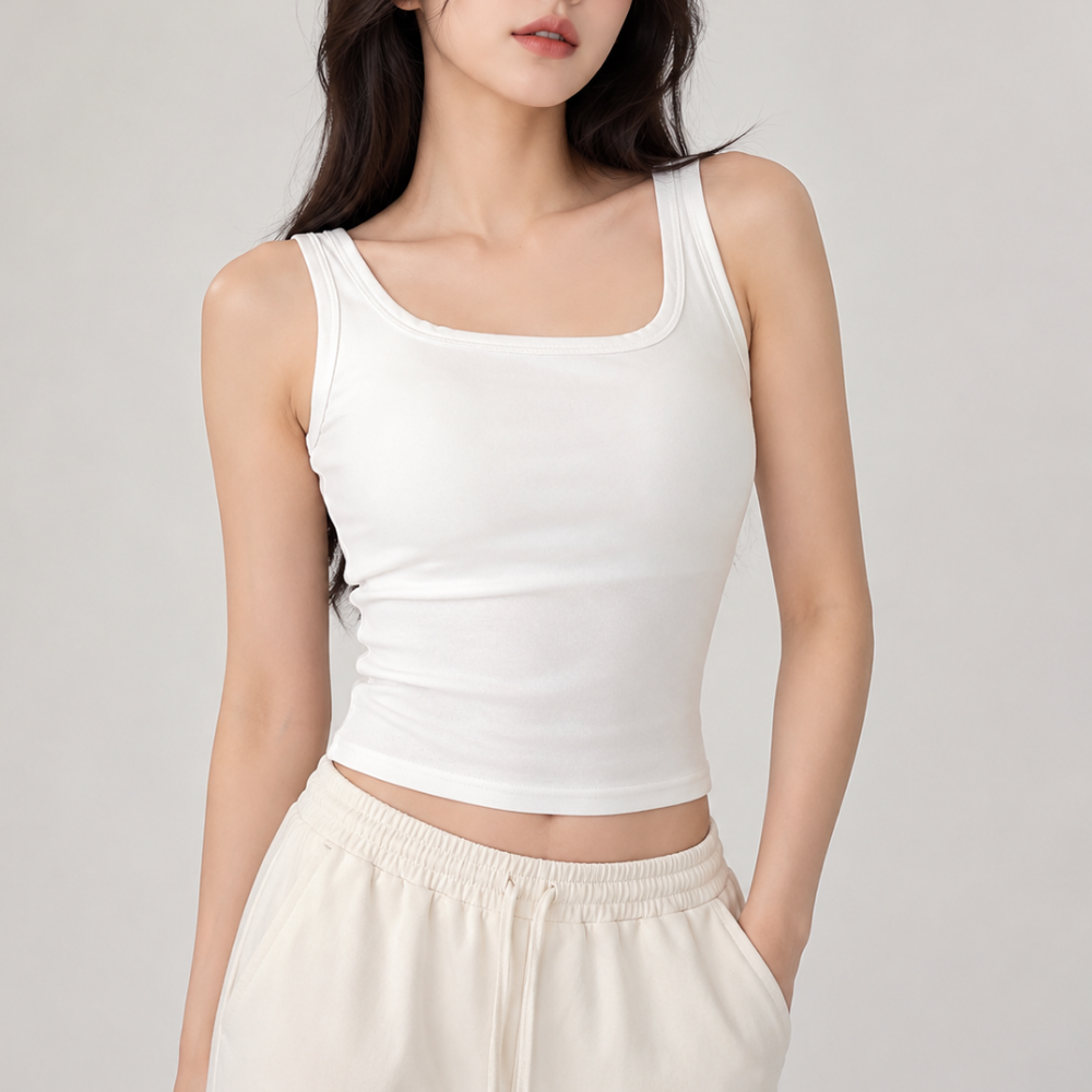 여성 캡내장 크롭 끈 나시 티 골지 브라탑 캐미솔 민소매 티셔츠 스판 이너 브라 일체형 - 상세 이미지 3