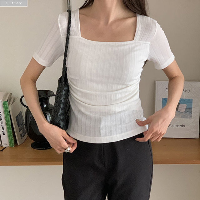 알렛 스퀘어넥 골지 슬림 반팔 티셔츠 4col 여름 봄 셔링 주름 이너 쫀쫀 제이플로우 - 상세 이미지 3