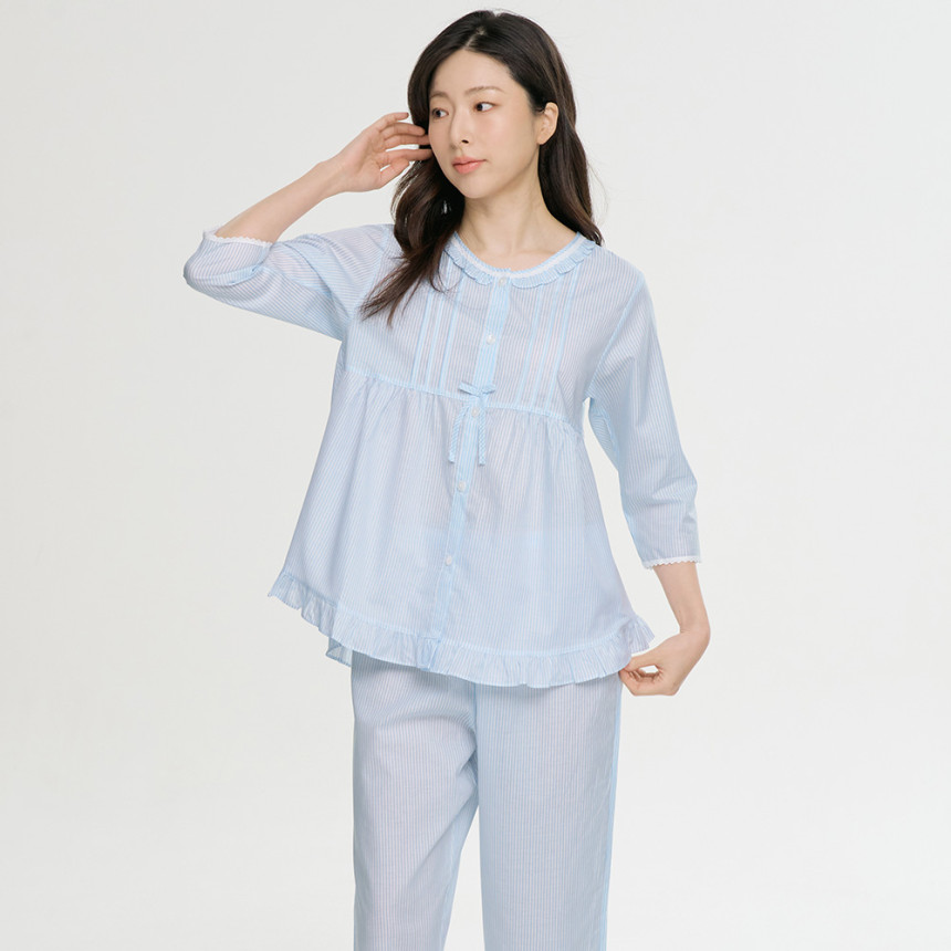 블루ST 여성 순면 7부 봄 가을 잠옷 파자마 홈웨어 세트