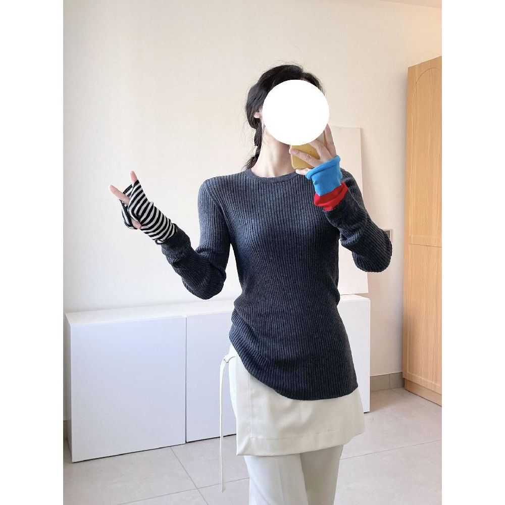 소매배색 기본 배색니트 레이어드 반팔티셔츠 골지 라운드넥 여성 여름 이너 빅사이즈 여자 - 상품 이미지
