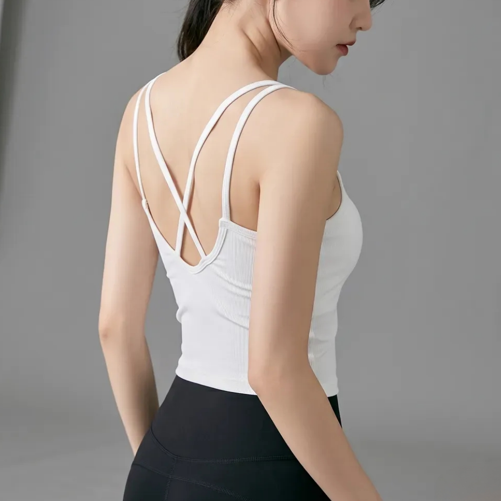여성 캡내장 크롭 끈 나시 티 골지 브라탑 캐미솔 민소매 티셔츠 스판 이너 브라 일체형 - 상세 이미지 2