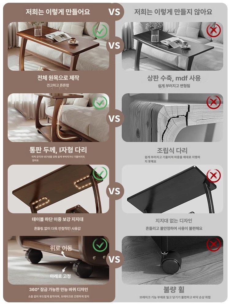 바퀴달린 협탁 호두 우드 사이드테이블 소형 탁자 거실 침실 책상 보조 - 상세 이미지 3