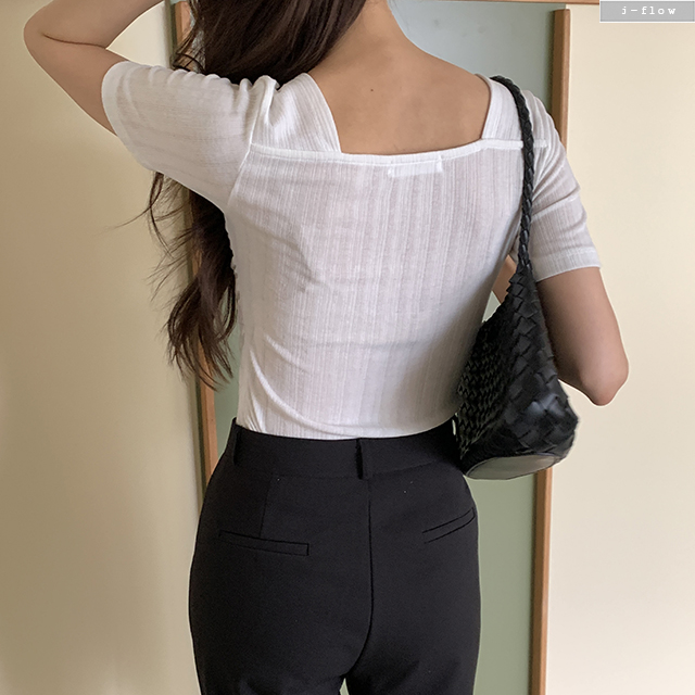 알렛 스퀘어넥 골지 슬림 반팔 티셔츠 4col 여름 봄 셔링 주름 이너 쫀쫀 제이플로우 - 상세 이미지 4