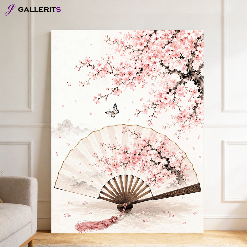 벚꽃 나비 부채 꽃 그림 거실 카페 인테리어 개업선물 액자 중형 - 상품 이미지