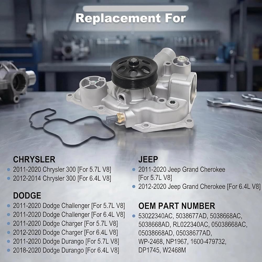 엔진 워터 펌프 AW6653 5.7L / 6.4L V8 2011-2023 크라이슬러 300, 2011-2024 듀랑고, 닷지 챌린저, 충전기, 지프 그랜드 체로키 호환 - 상세 이미지 2