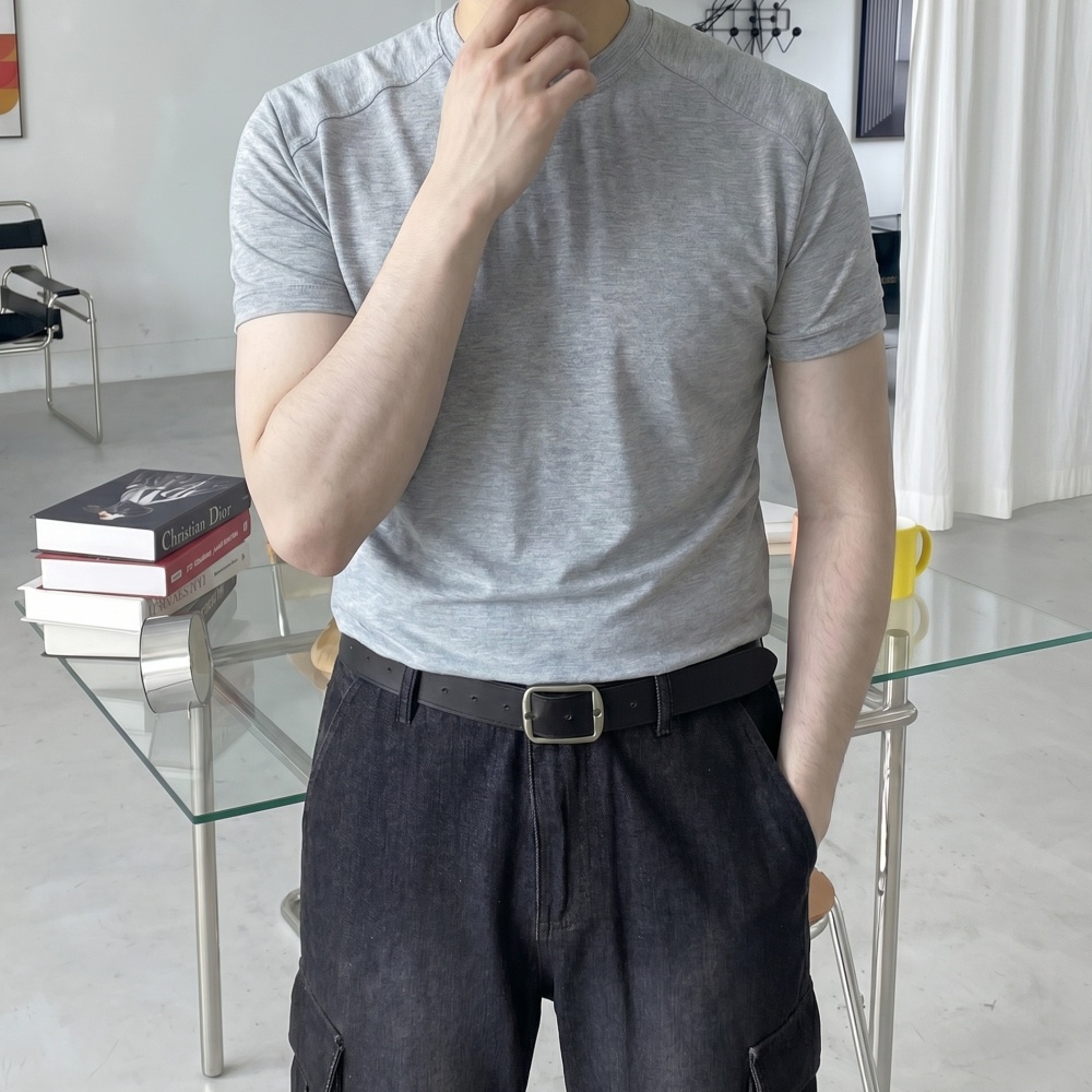 1+1 쿨 여름 무지 크롭 남자머슬핏반팔 숄더절개 라운드티셔츠 - 상세 이미지 5