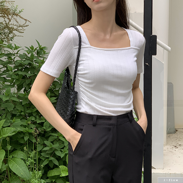 알렛 스퀘어넥 골지 슬림 반팔 티셔츠 4col 여름 봄 셔링 주름 이너 쫀쫀 제이플로우 - 상품 이미지