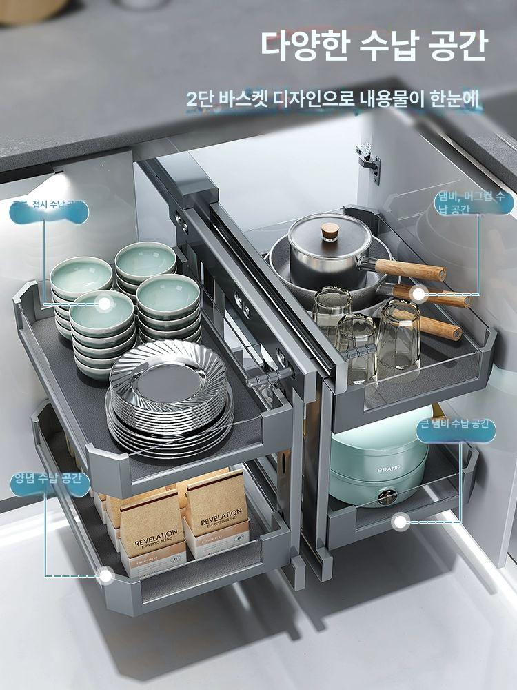 싱크대 코너장 슬라이딩 코너선반 부엌 양념 인출식 수납장 정리 선반레일 스윙선반 - 상세 이미지 3