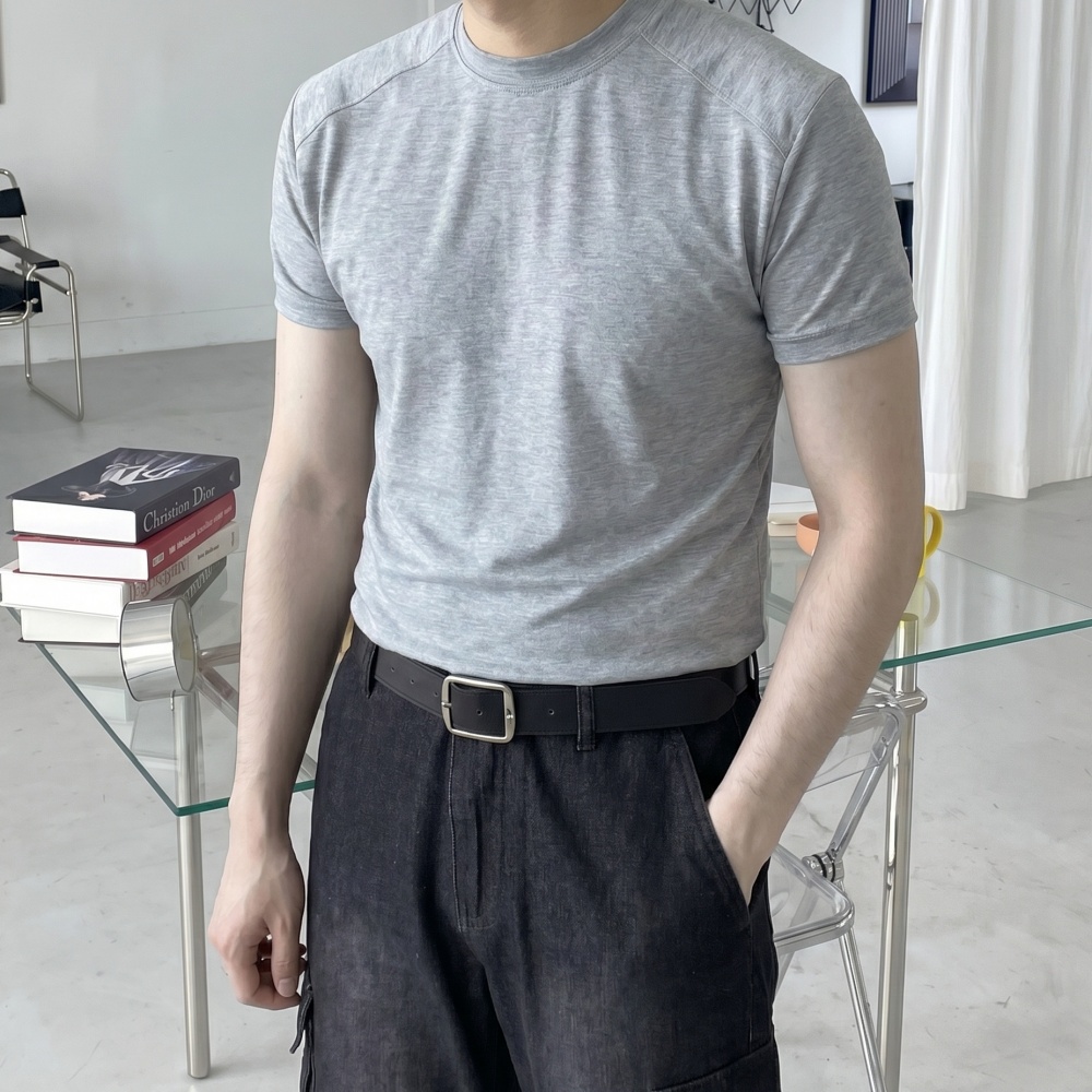 1+1 쿨 여름 무지 크롭 남자머슬핏반팔 숄더절개 라운드티셔츠 이미지 6