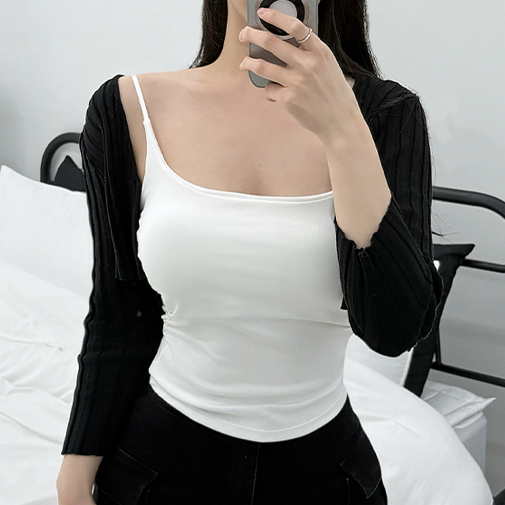 여성 끈조절 캡내장 옆셔링 허리잘록 슬림핏 나시 탑 민소매 추가할인 - 상세 이미지 3