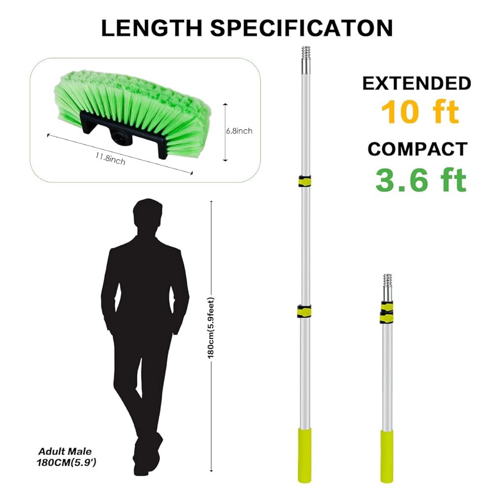 긴 손잡이가 있는 10FT 세차 브러시, 텔레스코핑 폴이 키트 및 부드러운 칫솔, RV, SUV, 트럭, 바닥, 하우스 사이딩을 위한 디테일 타이어 스펀지 수건 - 상세 이미지 3