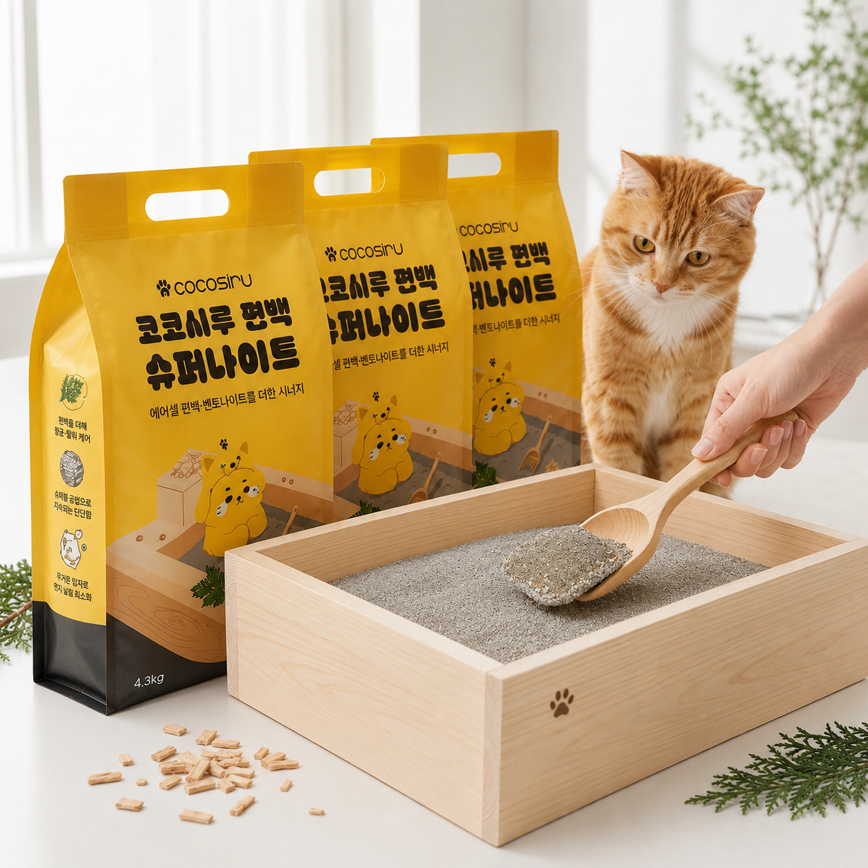 코코시루 슈퍼나이트 먼지없는 3중 벤토나이트 편백 혼합 고양이모래 무향, 4.3kg, 4개 - 상세 이미지 5