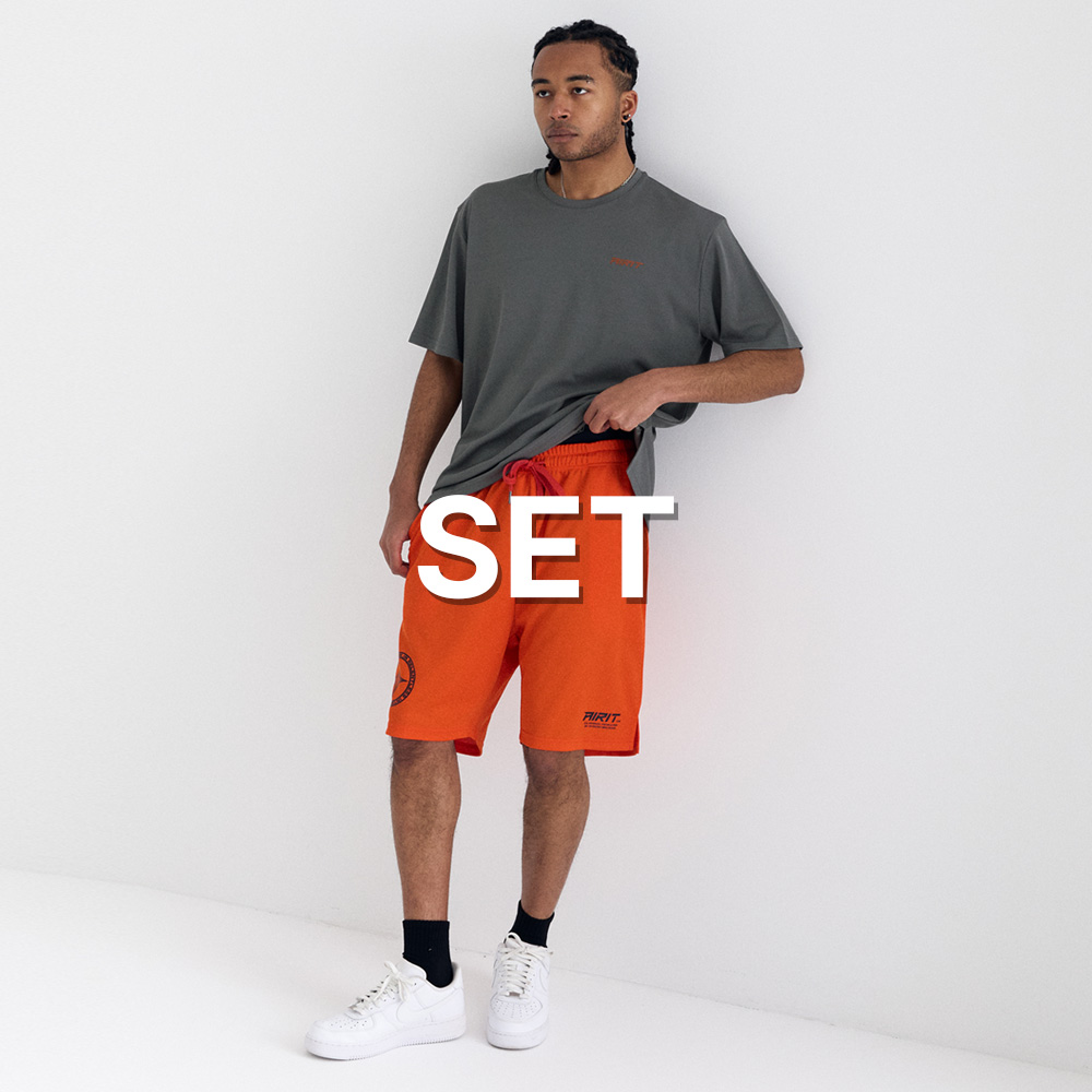 [SET] 스몰로고 어센틱 티셔츠 GY + 메쉬 퍼포먼스 쇼츠 OR - 상품 이미지