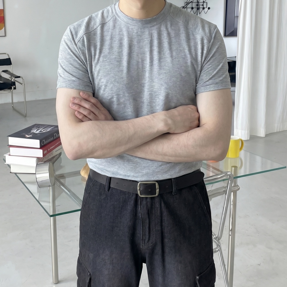 1+1 쿨 여름 무지 크롭 남자머슬핏반팔 숄더절개 라운드티셔츠 - 상품 이미지
