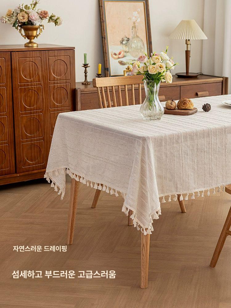 테이블보 여름식탁보 린넨 베이지 고급 주방 스트라이프 식탁커버 줄무늬 식탁매트 - 상세 이미지 4
