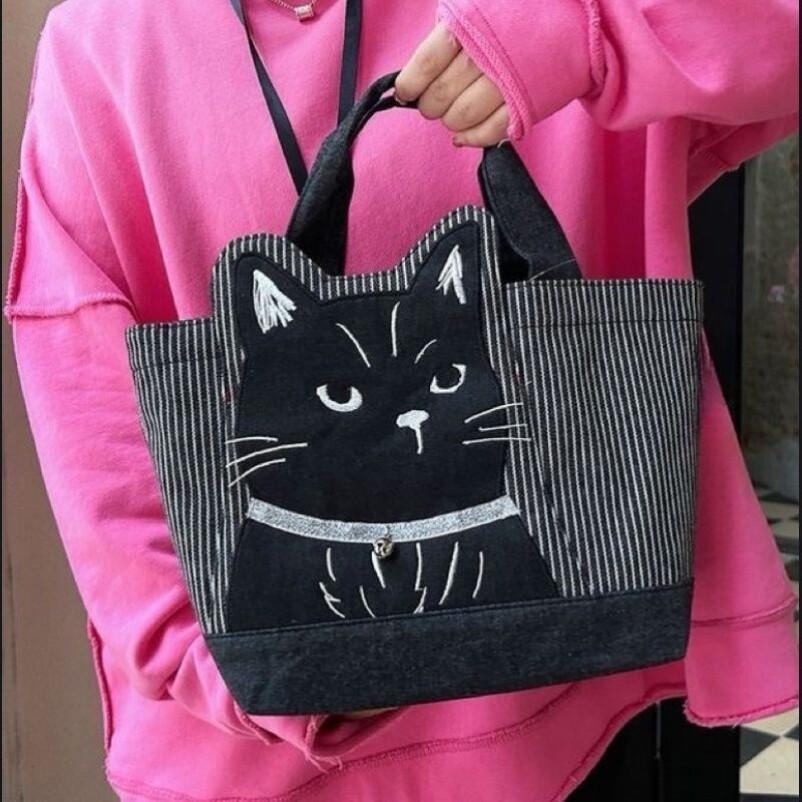 3D 검은 고양이 자수 핸드백 토트백 미니 가방 여성 쇼핑 패브릭백 에코백 마실용 스트라이프 블랙캣 - 상세 이미지 2