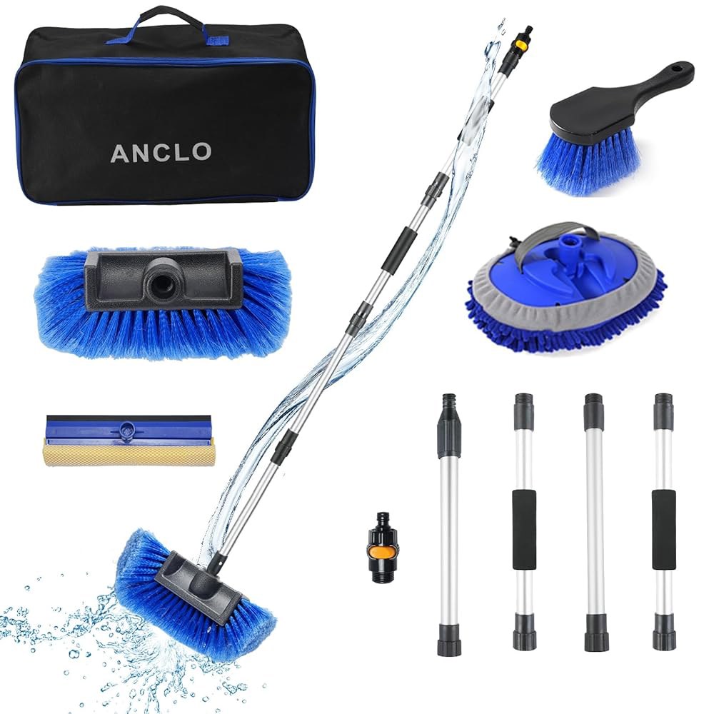ANCLO 64인치 세차 브러시(긴 핸들 포함), 조절 가능한 포함 RV 플로우스루 브러시, 긁힘 방지 플러스 사이즈 소프트 브러시 걸레, 호스 부착 키트 SUV 트럭 보트용 - 상품 이미지