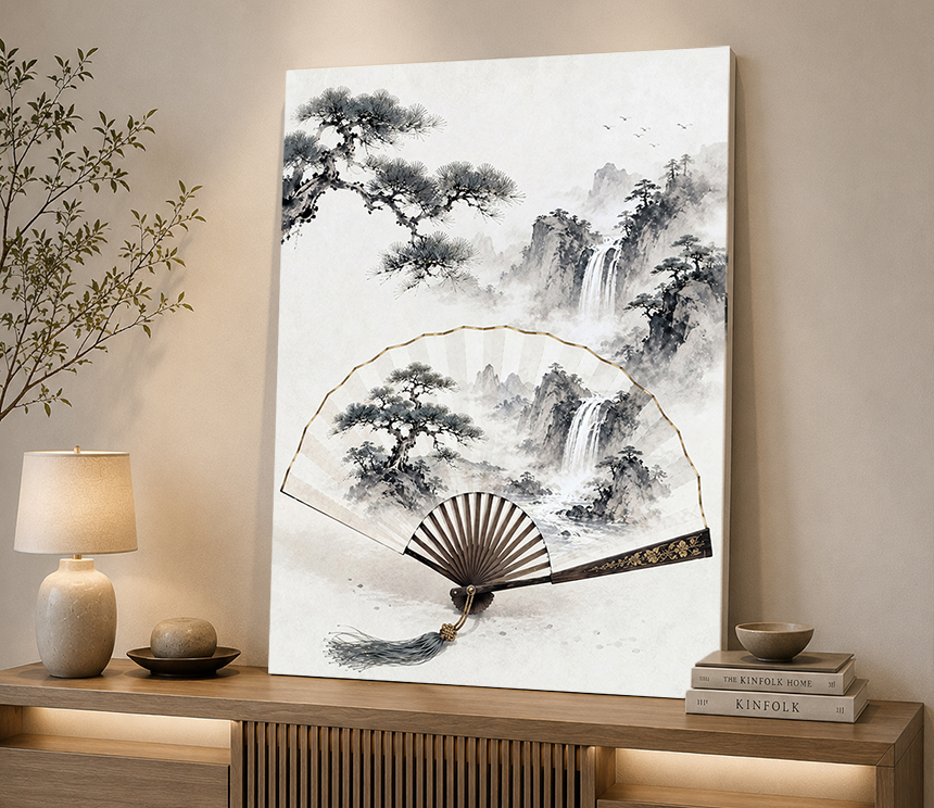 폭포 소나무 부채 그림 돈들어오는 거실 인테리어 물그림 액자 개업선물 중형 - 상세 이미지 4